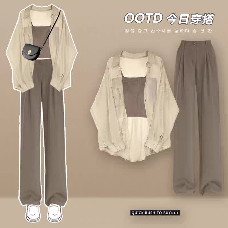 Spring professional suit female 2023 small salt series light cooked chiffon sunscreen shirt with three-piece suit pants