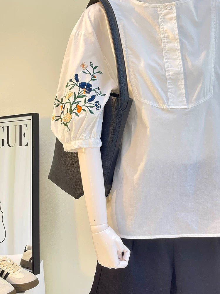 The last wave of new styles in summer~ Pullover embroidered pure cotton mid-sleeve white shirt for women, summer design loose top