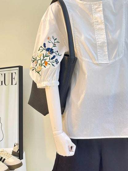 The last wave of new styles in summer~ Pullover embroidered pure cotton mid-sleeve white shirt for women, summer design loose top