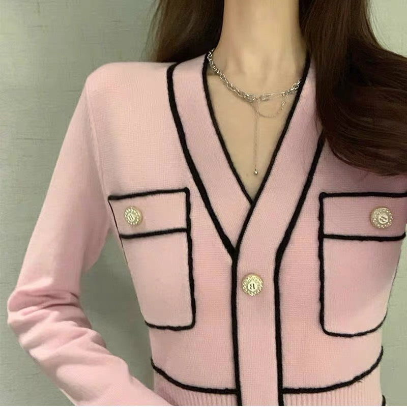 Autumn and winter clothing 2023 new women's French retro waist slimming high-end bottoming long-sleeved pink knitted dress