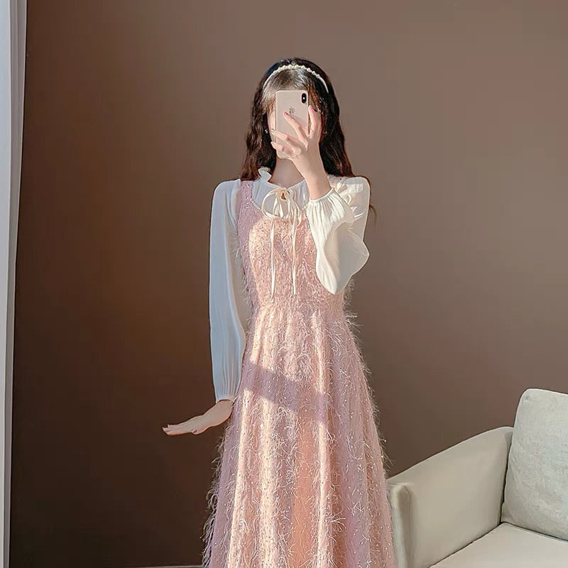 New autumn clothing, sweet temperament, first love style fairy skirt, light luxury mini dress, two-piece sequin tassel dress for women