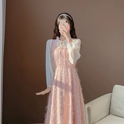 New autumn clothing, sweet temperament, first love style fairy skirt, light luxury mini dress, two-piece sequin tassel dress for women
