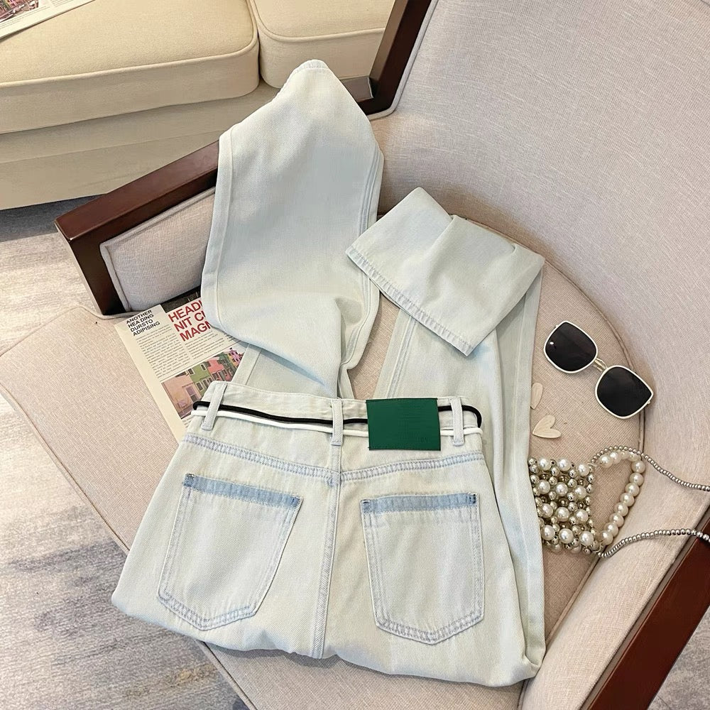 Design sense Hong Kong style washed high-waist straight wide-leg pants for women summer 2023 new chic loose floor-length long pants