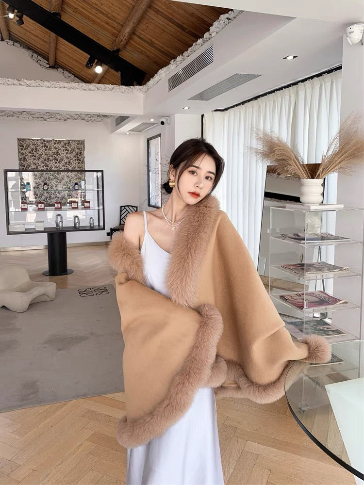 Mid-length women's pure wool double-sided woolen fox fur collar fur republican style cape cheongsam shawl coat
