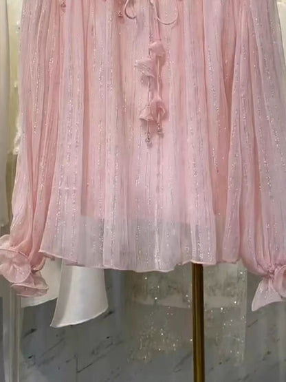 Madino's age-reducing, beautiful and stylish blouse, unique and chic top, light pink beaded chiffon base lining