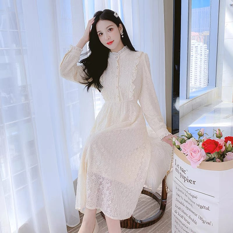 Women's autumn and winter 2023 new mid-length inner skirt with coat and velvet thickened lace bottoming dress (D4443)