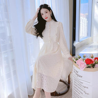 Women's autumn and winter 2023 new mid-length inner skirt with coat and velvet thickened lace bottoming dress (D4443)