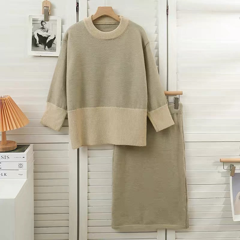 Suit for women in autumn and winter, lazy style, contrasting color splicing, round neck, long-sleeved loose sweater, elastic waist skirt, skirt