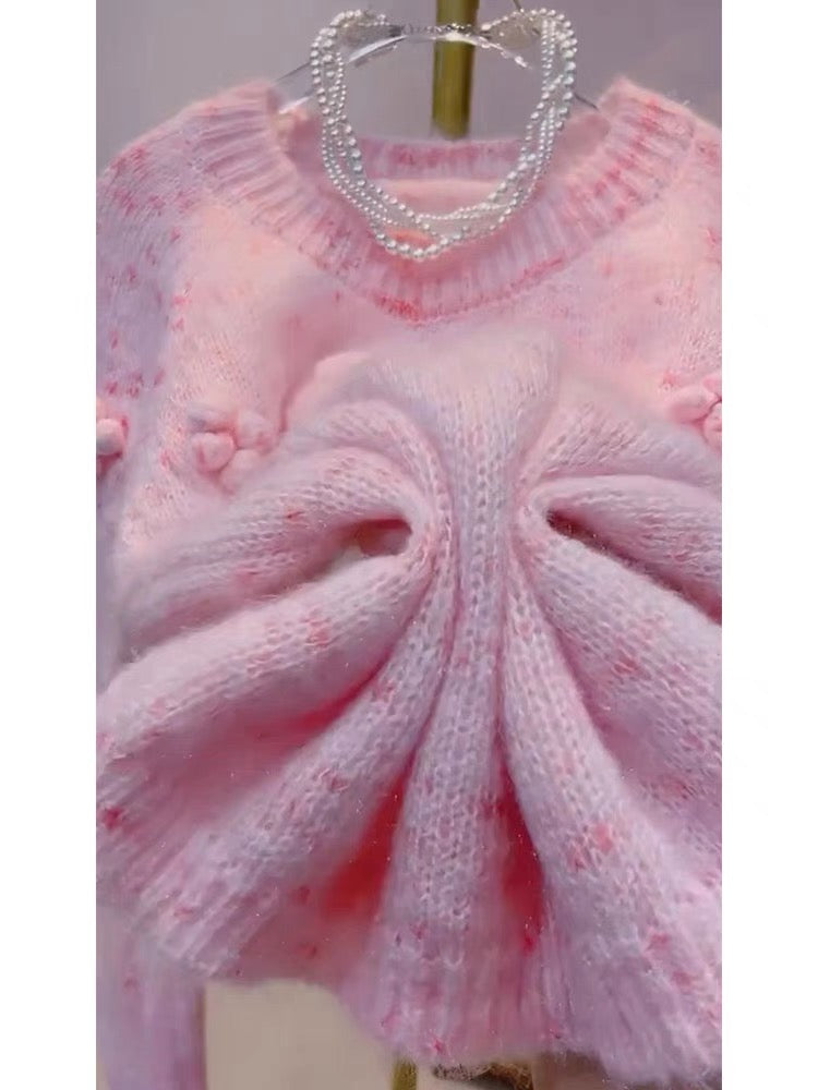 Lazy style design, unique three-dimensional flower pink sweater for autumn outer wear, gentle style artistic student sweater for women (V7715)