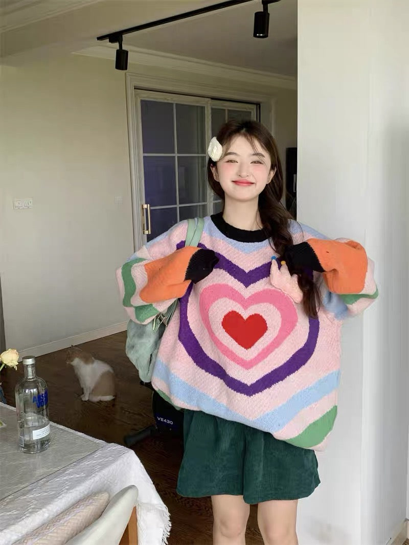 Korean sweet color matching love round neck knitted thick sweater for women autumn and winter 2023 new loose mid-length top A2244