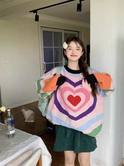 Korean sweet color matching love round neck knitted thick sweater for women autumn and winter 2023 new loose mid-length top A2244