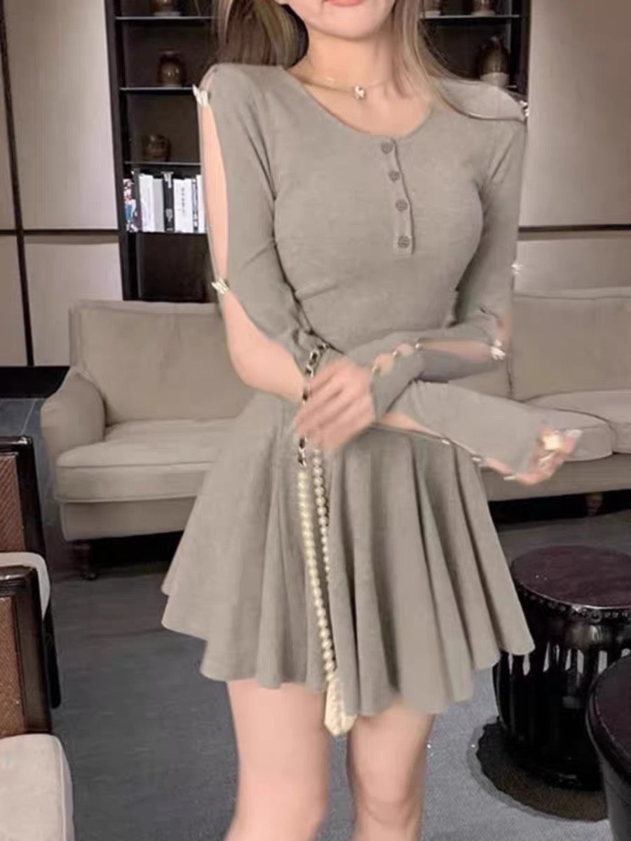 With safety pants, gray long-sleeved tight-fitting sexy T-shirt dress Lee Nhi Boutique With safety pants, gray long-sleeved tight-fitting sexy T-shirt dress Lee Nhi Boutique