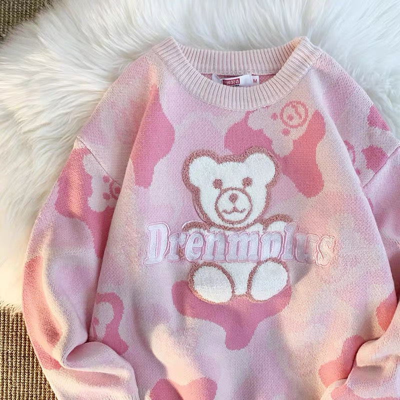 Bear's lazy style pink style autumn and winter thickened trendy brand ins loose and versatile sweater for men and women Korean style knitted (T0673)
