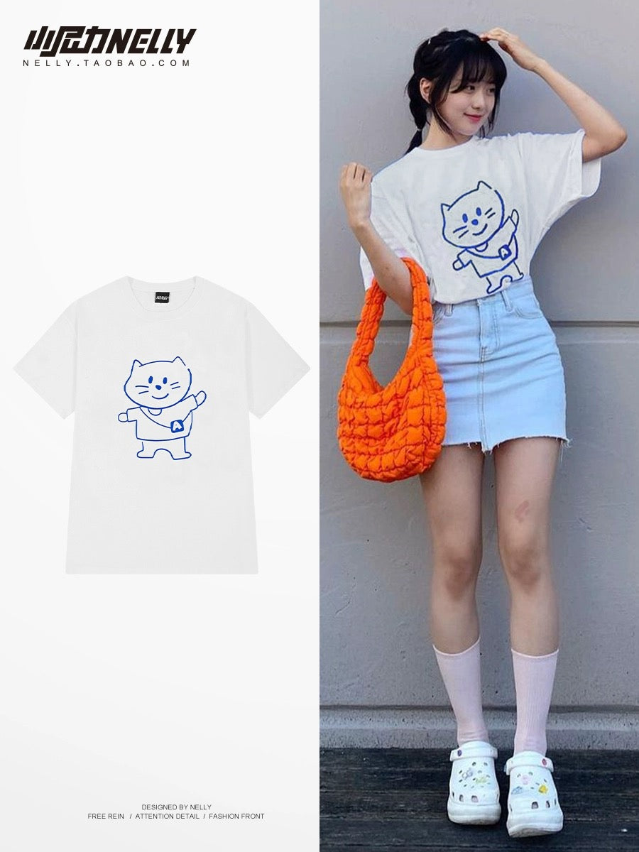 Heavy cartoon cat print short-sleeved men and women summer American high street versatile couple T-shirt loose casual top trend
