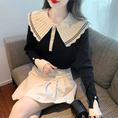 Baby doll collar long-sleeved sweater sweater for women 2023 new autumn and winter versatile small fragrance style slim bottoming shirt top
