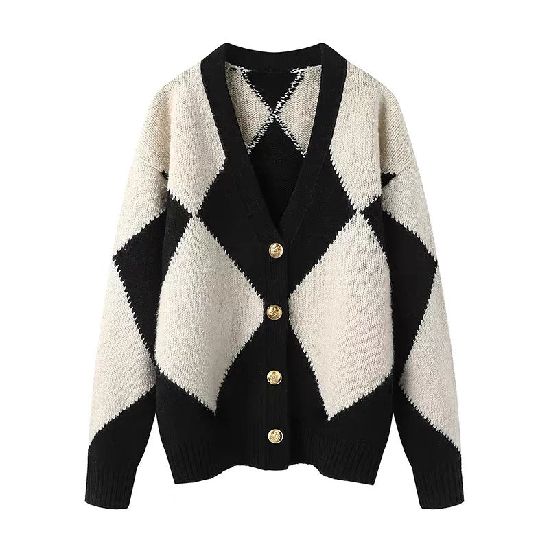 Xiaoxiangfeng thickened rhombus V-neck soft waxy sweater jacket for women 2023 autumn and winter temperament knitted dress two-piece set (S0346)