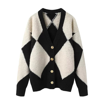 Xiaoxiangfeng thickened rhombus V-neck soft waxy sweater jacket for women 2023 autumn and winter temperament knitted dress two-piece set (S0346)
