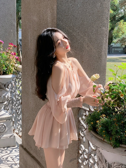 ByYou summer design off-shoulder puff sleeve waist mid-length chiffon shirt set women's high-waisted shorts two-piece set