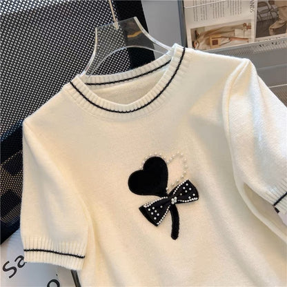 First-line brand cut label women's clothing big brand foreign trade export solitary sample clothing heavy industry beaded pullover short-sleeved sweater trendy