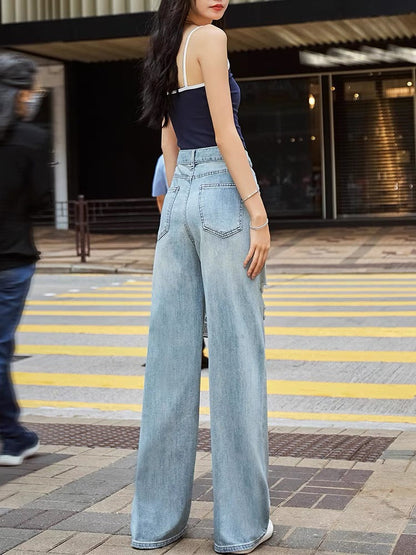 High-waisted perforated ripped straight wide-leg jeans for women 2023 autumn new thin loose drape floor mopping pants (P141)