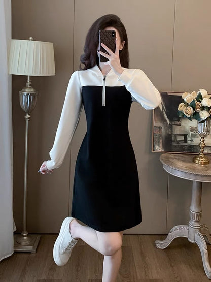 Fashionable, casual and western style contrasting color splicing dress 2023 autumn and winter women's waist slimming skirt high-end D6690