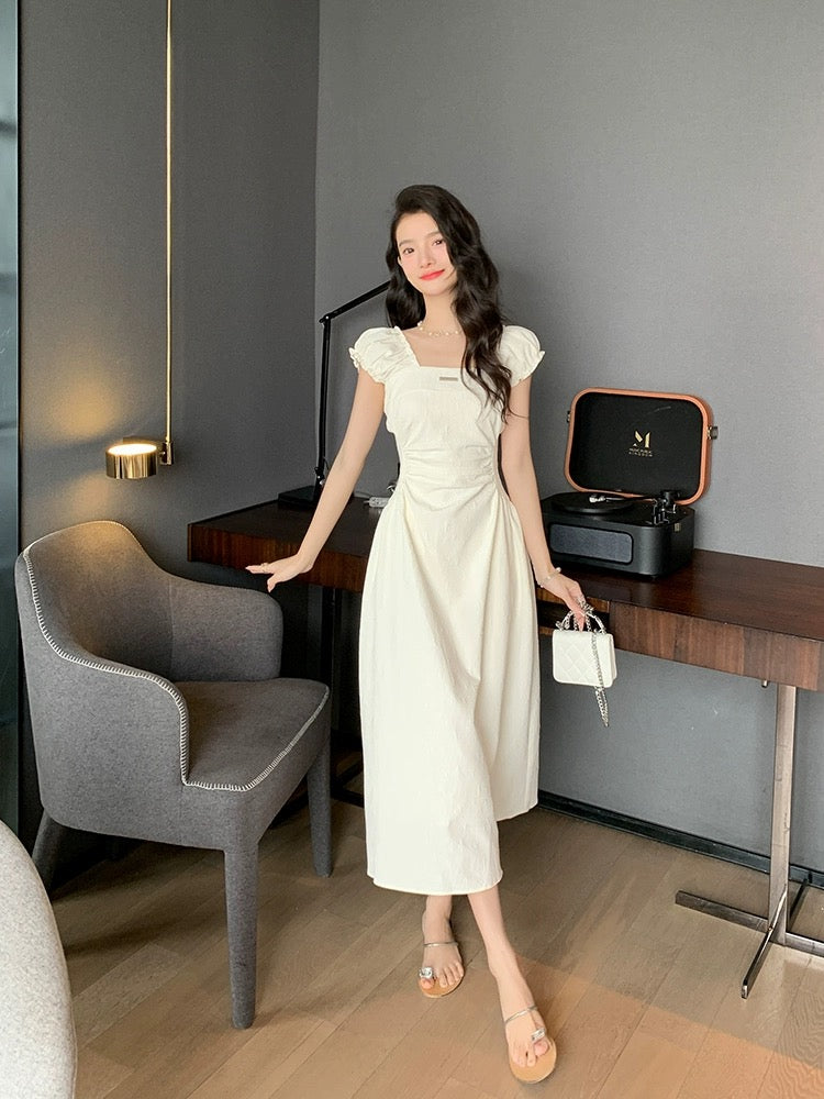 Deng Liuliu white dress for women summer French style first love square neckline waist slimming long skirt certificate small white dress D347