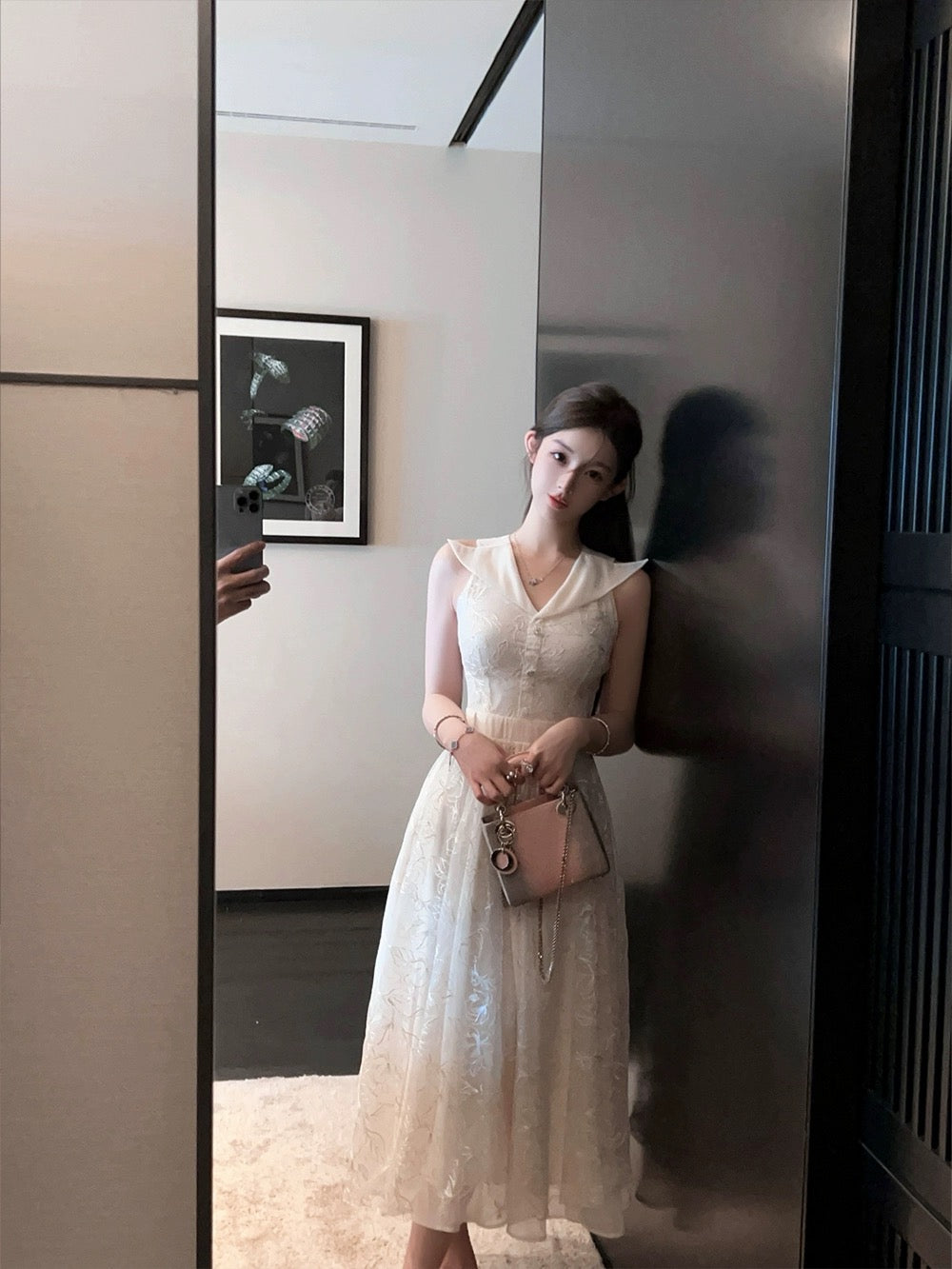 FairyJiang spring new style temperament lace embroidery v-neck white dress long slim waist skirt