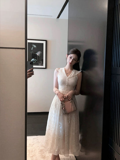 FairyJiang spring new style temperament lace embroidery v-neck white dress long slim waist skirt