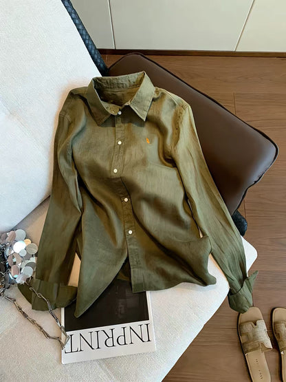 "Old Money" style retro-minimalist green printed long-sleeve Polo-collar shirt for women; a sophisticated, versatile piece perfect for spring and autumn.