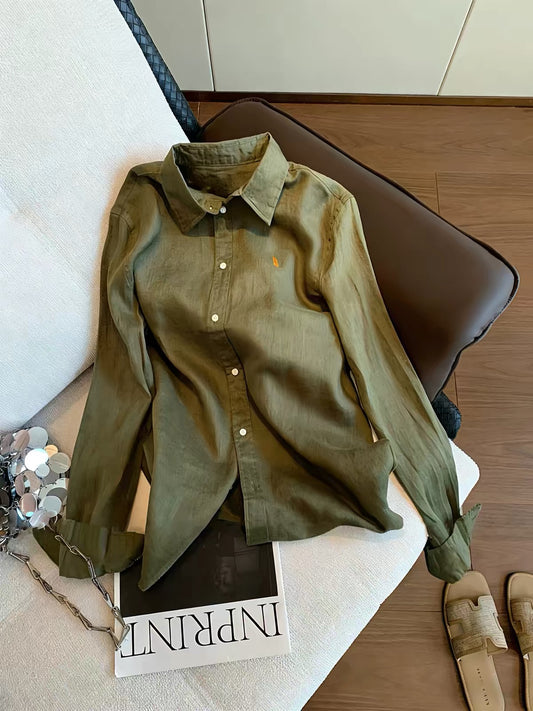 "Old Money" style retro-minimalist green printed long-sleeve Polo-collar shirt for women; a sophisticated, versatile piece perfect for spring and autumn.