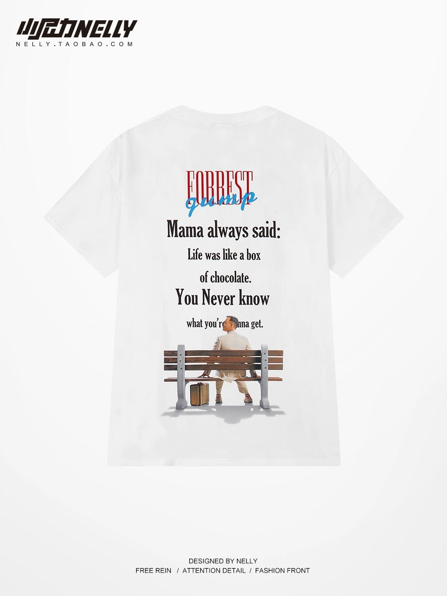 Heavy American retro poster pattern pure cotton short-sleeved T-shirt men and women loose summer ins casual half-sleeve five-point sleeves