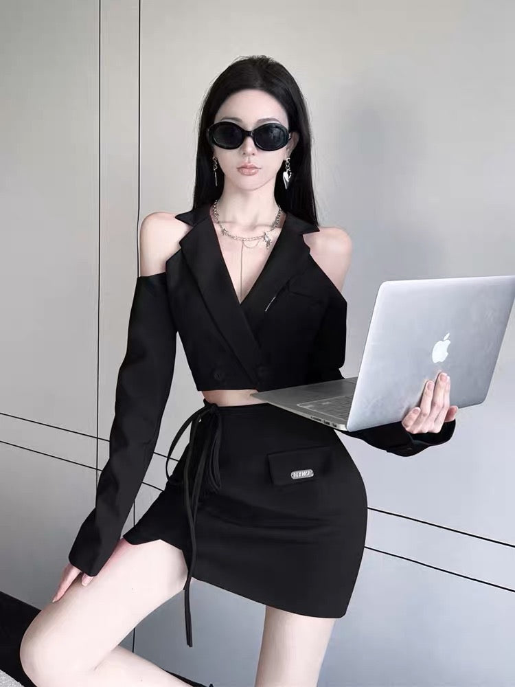 Pure desire sweet hot girl suit strapless suit short jacket female high-end sense two-piece skirt spring and autumn small man