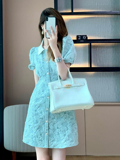 2023 new high-end French style puff-sleeved polo-neck dress for women with niche summer design