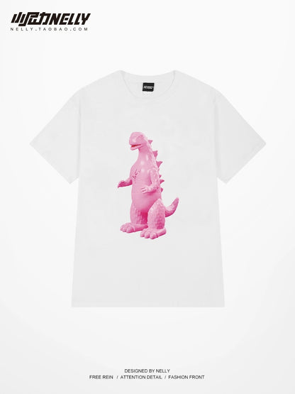 Design dinosaur print age-reducing heavyweight short-sleeved T-shirt for men and women in summer trendy American loose cotton bottoming shirt