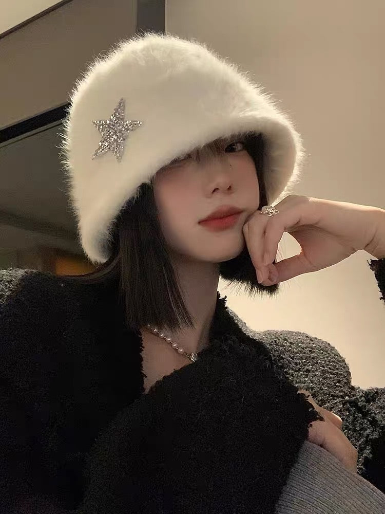 White rabbit fur fisherman hat for women in autumn and winter, Japanese-style face-showing small warm bucket hat, Korean style large head circumference plush hat