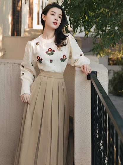 French autumn and winter new style retro embroidered small red flower knitted sweater and pleated skirt two-piece set with sweet style