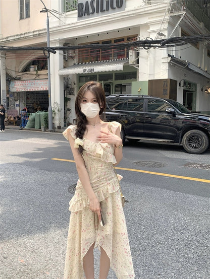 PPHOME is full of temperament~Sweet flying sleeves floral suspender dress women's design holiday style fairy long dress