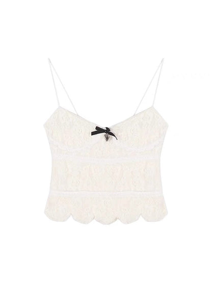 Sweet hottie lace camisole women's summer bow design niche slim fit inner wear short top