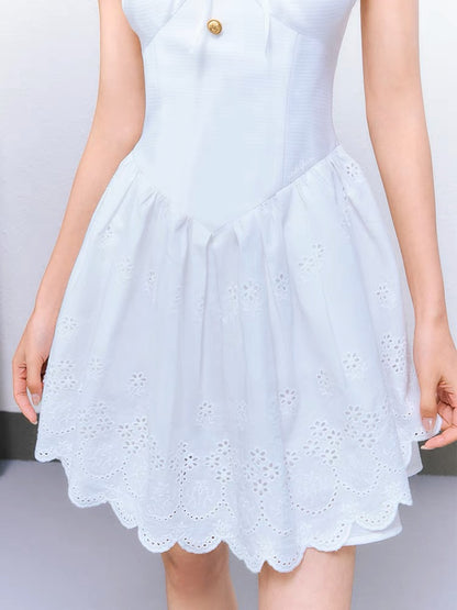 Underpass original design white sweet embroidered lace puff sleeves tie waist puffy dress for women