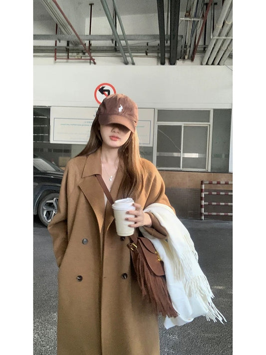 Wu 77 temperament and high-end double-sided woolen long coat for women autumn and winter Korean style loose and slim double-breasted woolen coat