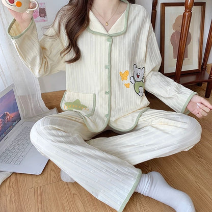 Pajamas women summer cardigan long-sleeved trousers suit summer ladies 2024 new cartoon spring autumn winter home clothes