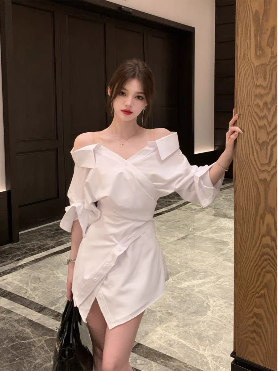 white shirt dress off the shoulder EUSKY IIWAN design white shirt dress for women spring and summer new v –  Lee Nhi Boutique