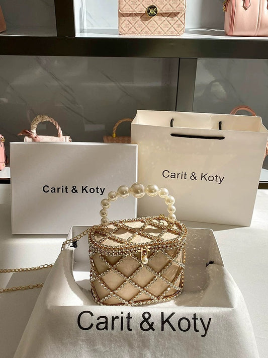 Carit Koty French niche bucket bag women's summer 2023 new pearl rhinestone chain bag portable box