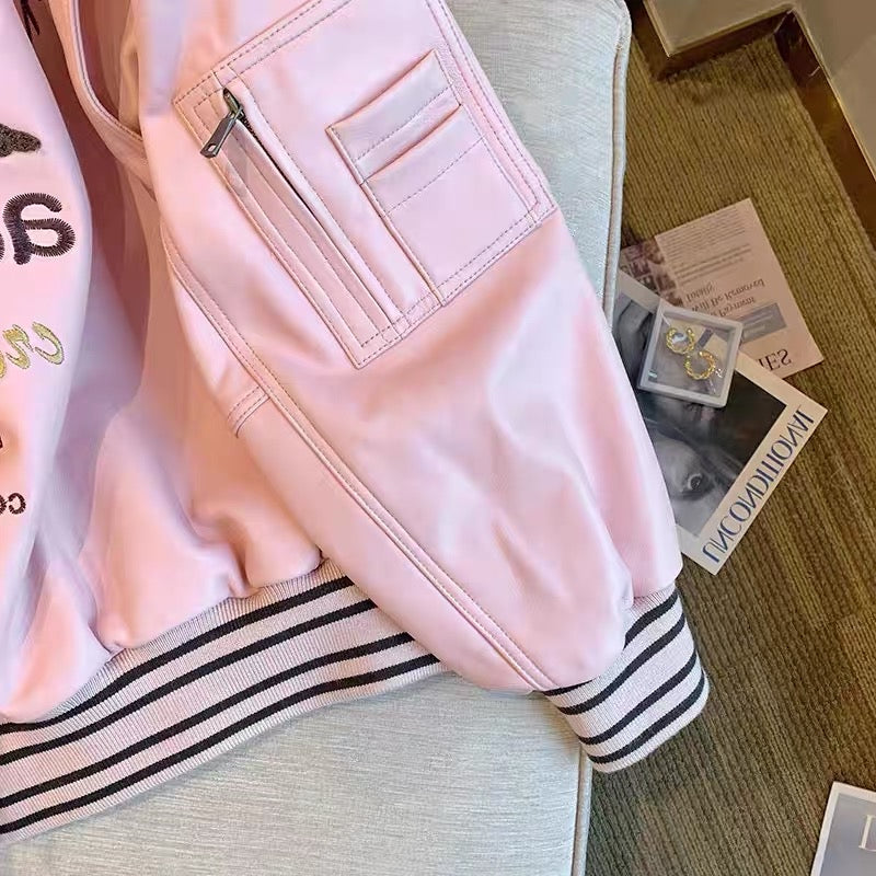 Korean chic fashion temperament pink baseball uniform women's winter sweet high-level lazy pu leather jacket coat