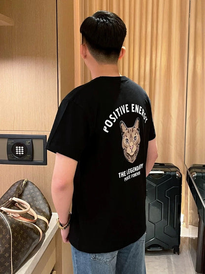 Summer clothes men's short-sleeved tops round neck T-shirt Fashion personality cat head print casual all-match cotton T-shirt men