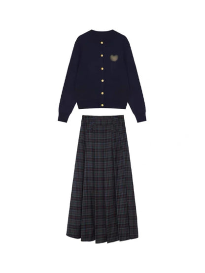 Korean girls' high school style set of knitted cardigan plaid skirt two-piece suit slim temperament autumn and winter