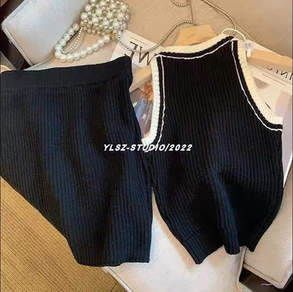YLSZ customization~Black hot girl sexy short sleeveless knitted vest top covering hips and half body qun two-piece summer set (S116)