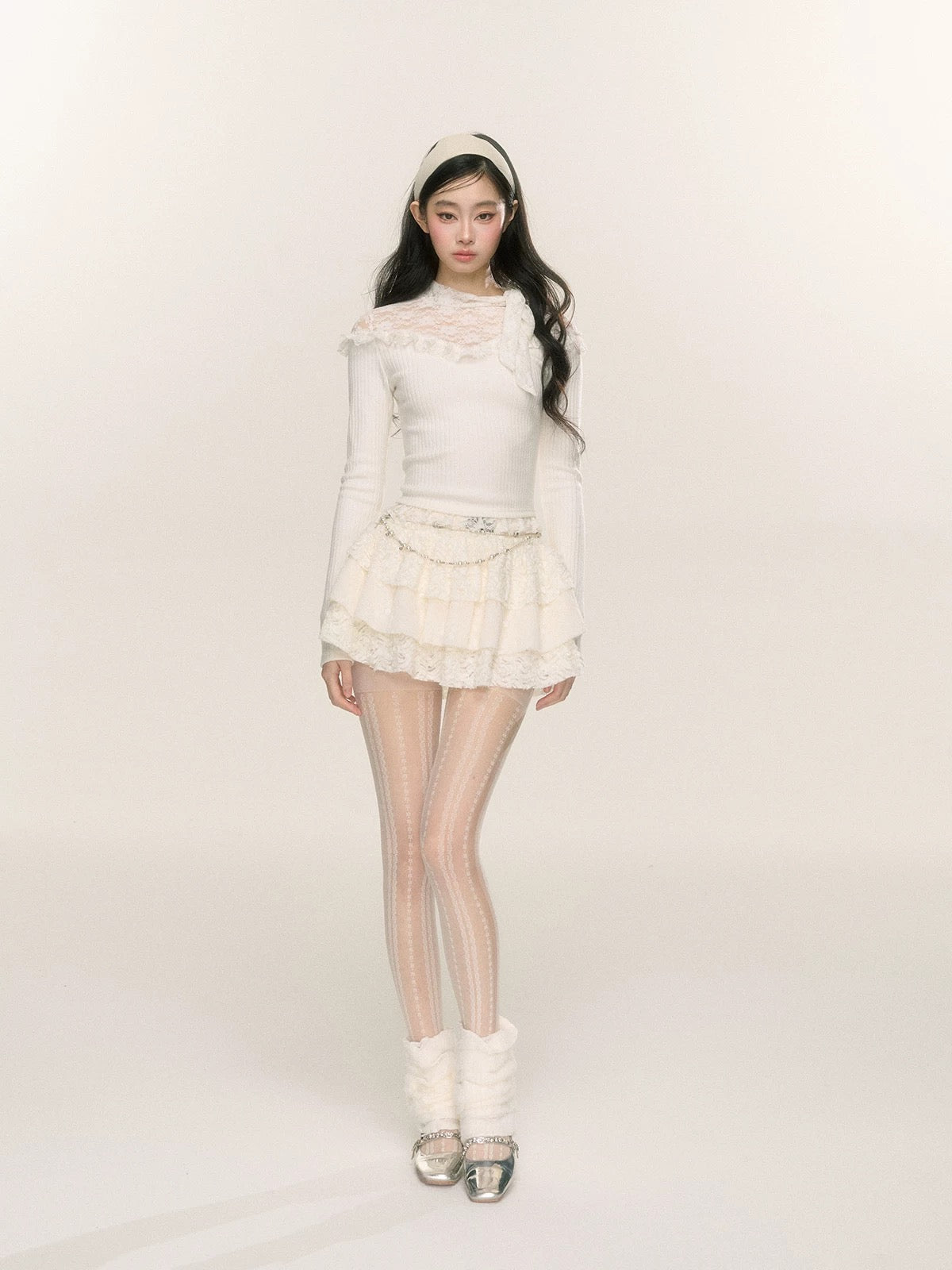 Shao Yeyan lace sniper fungus edge sweet and spicy stitching knitted sweater women's autumn and winter long sleeve hollow bottoming top