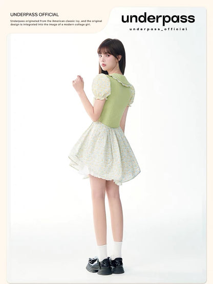 underpass original design green milky sweet doll collar splicing floral knitted slim-fitting puffy dress for women