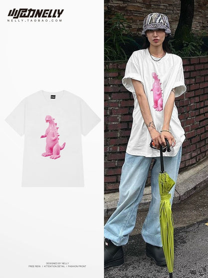 Design dinosaur print age-reducing heavyweight short-sleeved T-shirt for men and women in summer trendy American loose cotton bottoming shirt